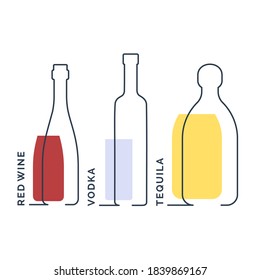 Bottles red wine vodka tequila in row. Continuous line object on white background. Black thin outline and color fill. Modern flat style graphic design. Logo contour element illustration. Vector.
