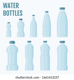 botellas de agua potable o botellas de plástico para usos múltiples con vectores de tapas, ilustración en diseño plano