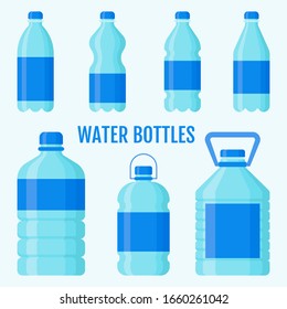 bottles related plastic water bottles in large and small size with caps and labels vectors illustration in flat design