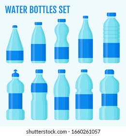 bottles related plastic water bottles in large and small size with caps and labels vectors illustration in flat design