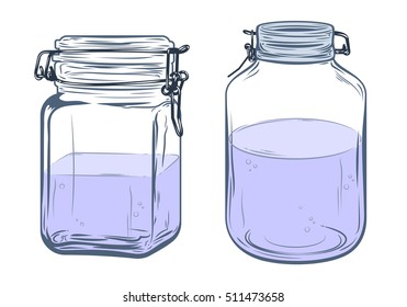 Bottles, round and square shapes, freehand drawing
