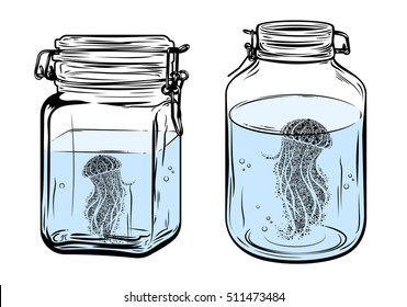 Bottles, round and square shapes, with a jellyfish inside, freehand drawing