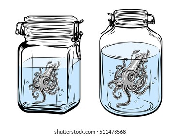 Bottles, round and square shapes, with a squid inside, freehand drawing