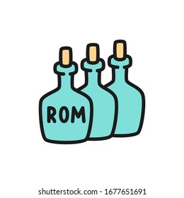 Frascos de ron, alcohol, recipientes de bebidas icono de línea plana.