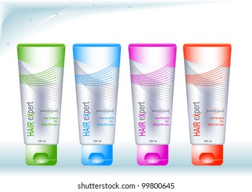 Bottles with sample labels for cosmetics or  health care products on abstract blue background Clean style package design 