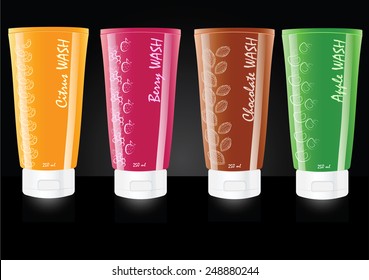 Bottles with sample labels for shower gel or shampoo