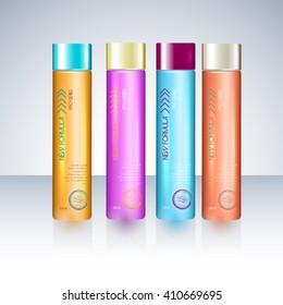 Bottles with sample labels for shower gel or shampoo  cosmetic package design template