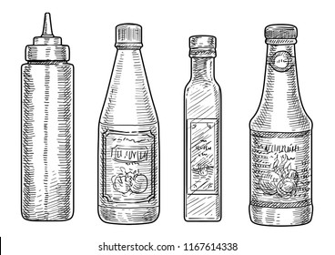 Bottles of sauce illustration, drawing, engraving, ink, line art, vector