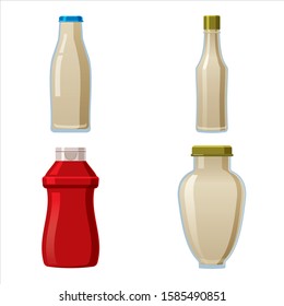 Bottles sauce set. Wasabi Ketchup Mayonnaise Creamy sauces. Food template, mock up plastic packaging, glass bottle. Vector cartoon style illustration isolated white background