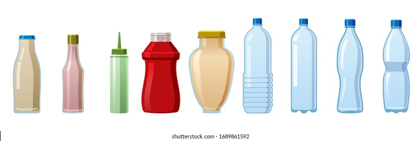 Bottles sauce and water set. Soy Wasabi Mustard Ketchup Mayonnaise Creamy sauces water mineral. Food template, mock up plastic packaging, glass bottle. Vector cartoon style illustration isolated white