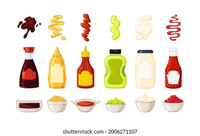 Bottles with sauces, saucers and splashes of sauces on a white background. Ketchup, soy , mustard, mayonnaise-collection. Vector illustration.