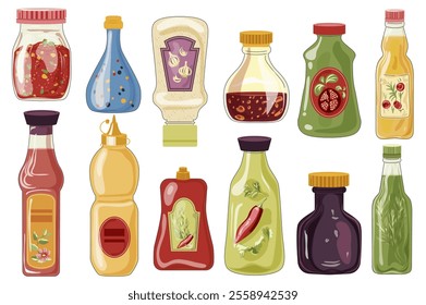 Bottles of sauces set elements in flat graphic design. Collection of different spicy hot dressings with tomato, garlic, basil, pepper, soy, containers of mustard, mayo, ketchup. Vector illustration.