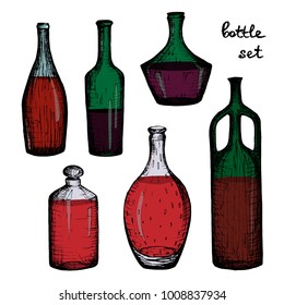 Bottles - set of 6 color hand-drawn objects