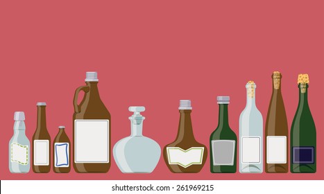 Bottles set: alcoholic beverages in a row as if standing on a shelf. These are wine, champagne, brandy, beer bottles.