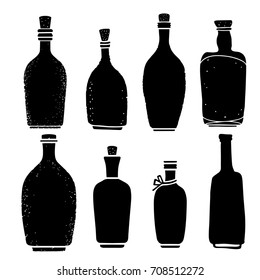 Bottles set. Black silhouettes, hand drawn isolated on white background