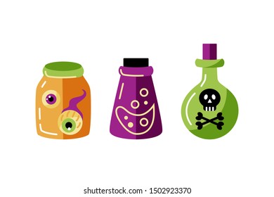 Bottles set with death mark, poison, eyes. Vector illustration isolated on white background. Flat style vector illustration.