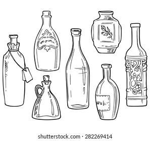 Bottles, set of different bottles, line illustration on a white background, hand-drawn design elements.