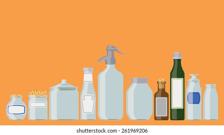 Bottles set: food containers in a row as if standing on a shelf. 