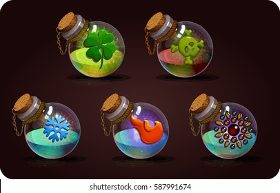 Bottles set  with magic potion. Game icon of magic elixir. Vector design for app user interface. Snow, ice, fire, clover, luck, gems