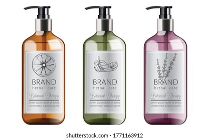 Bottles set of organic shampoo with herbal care. Various plants and colors. Mint, orange and lavender. Place for text. Vector