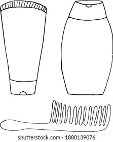 bottles of shampoo, balm, comb set icon, sticker. sketch hand drawn doodle style. vector minimalism monochrome. lotion, cream, bath, bathing, washing, moisturizing, combing hair.