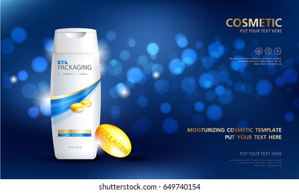 Bottles of shampoo collagen. Cosmetic for design on blue background. Vector illustration.
