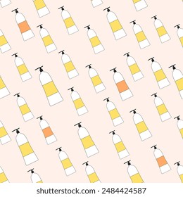 Bottles of shampoo seamless pattern. Hair styling products repeat background. Vector outline illustration.