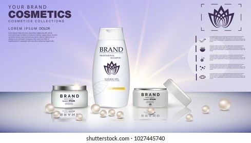 Bottles of shampoo and shower gel. Body Scrub. Cosmetic set for design on a blue background. Vector illustration