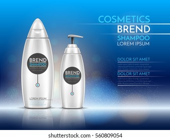 Bottles of shampoo and shower gel. Cosmetic set for design on a blue background. Vector illustration