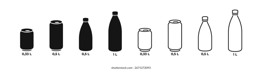 Tamaño de las botellas y conjunto de iconos de contorno plano