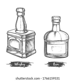 Bottles sketch, alcohol drinks whiskey and rum, vector hand drawn icon. Bar menu alcohol drink bottles in pencil sketch hatching, whiskey and rum, isolated graphic elements