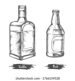 Bottles sketch, vodka and beer alcohol drinks, vector hand drawn icon. Bar menu alcohol drink bottles in pencil sketch hatching, vodka and beer, isolated graphic elements