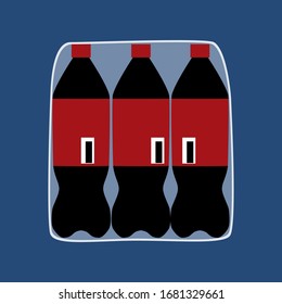 Bottles of soda water in plastic packaging vector flat sign. Wholesale trade to grocery stores and stalls. Quarantine water supplies. For web design, banner, logo, apps, infographic, signs and symbols