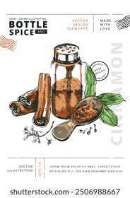 Bottles and Spices: Colored Vector Illustration. Set of hand-drawn engraving linotype style artworks. Glass jar and plate with ground cinnamon surrounded by leaves, cinnamon sticks and other spices