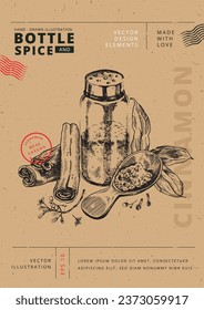 Bottles and Spices: Vector Illustration. Hand-drawn engraving linotype style artworks showing bottle or container which is surrounded by cinnamon sticks, ground cinnamon, spices and leaves