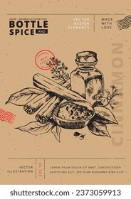 Bottles and Spices: Vector Illustration. Set of hand-drawn engraving linotype style artworks showing bottle or container which is surrounded by cinnamon sticks, ground cinnamon, spices and leaves