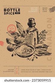 Bottles and Spices: Vector Illustration. Set of hand-drawn engraving linotype style artworks showing bottle or container which is surrounded by cinnamon sticks, ground cinnamon, spices and leaves