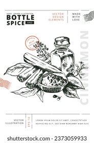 Bottles and Spices: Vector Illustration. Set of hand-drawn engraving linotype style artworks showing bottle or container which is surrounded by cinnamon sticks, ground cinnamon, spices and leaves
