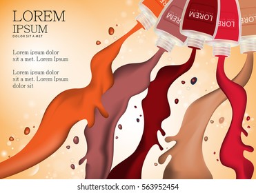 Bottles with spilled nail polish, isolated on color background.Vector illustration,graphic design.Colored rainbow drops.Nail splatter,vogue ads for fashion,web site,promotion materials and mobile app