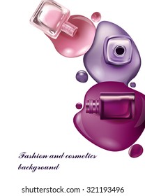 Bottles with spilled nail polish over white background. Cosmetics and fashion background with place for your text .Template Vector.