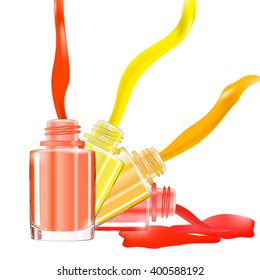 Bottles with spilled nail polish over white background with splatter enamel. 3D illustration. Vivid bright colors: red, pink, yellow, orange. illustration