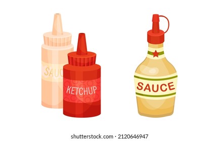 Bottles and spilled sauces set. Mayonnaise, mustard, tomato ketchup, ingredients for burger and sandwich vector illustration