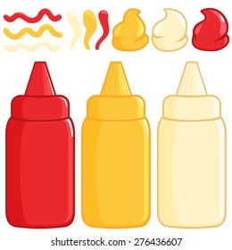 Bottles and spilled sauces of tomato ketchup, mustard and mayonnaise. Vector illustration