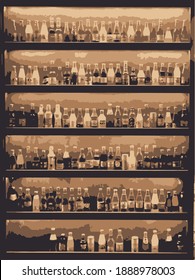 
Bottles standing on 6 wooden shelves