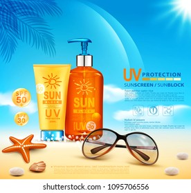 Bottles with sun protection, cosmetic products. Sunblock cream and tanning oil spray bottle. Template, for magazine or ad,brochure, flyer, banner