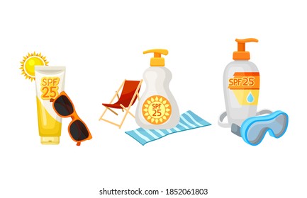 Bottles of Sunscreen Lotion with Sun Filter and Beach Elements Vector Set