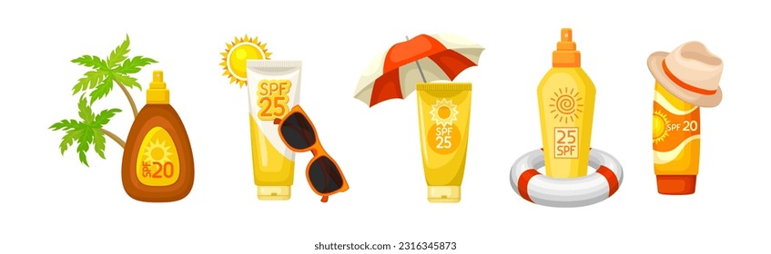 Bottles of Sunscreen Lotion with Sun Filter Vector Se