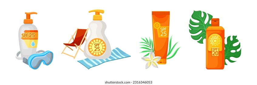 Bottles of Sunscreen Lotion with Sun Filter Vector Se