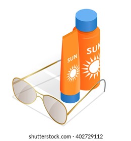 Bottles of sunscreen lotion and sunglasses. Can be used for advertisement, infographics, game or mobile apps icon.