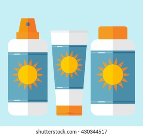 Bottles of sunscreen with sun motif. Bottles with cream after sun lotion. Flat style. Tube container of sun cream or after sunburn cream. Summer theme. Sun care cosmetics. Isolated. Blue background